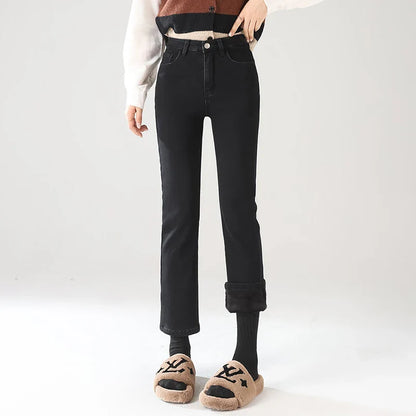 Winter Warm Jeans Women's Thickened Soft Comfortable Elastic Denim Pants Fashion Korean Straight Female Velvet Warm Clothing