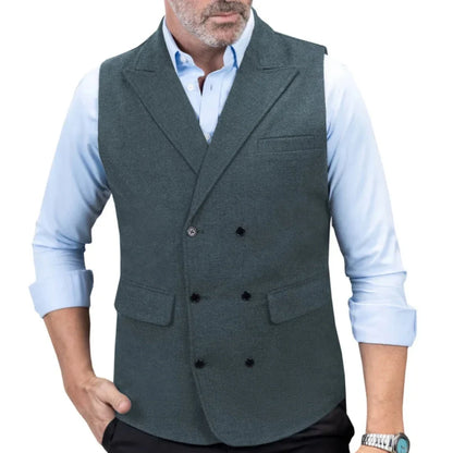 Men Vest Black Herringbone Double Button With Lapel Waistcoat For Wedding Birthday Banquet Office Business Work Men Suit Vest
