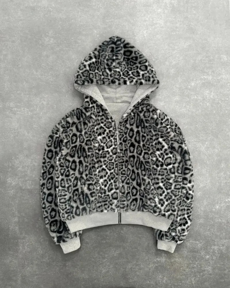 Hip-hop New Two-sided Clothing Harajuku Retro Leopard Print Fashionable Loose Zipper Hoodie Men Street Casual Sweatshirt Women