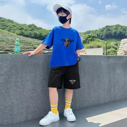 Kids Little Bear Letters T-shirt Summer Clothing Short-Sleeved Top+Shorts Boy Girl 3-12Yrs Casual Set Two-Piece Black-White