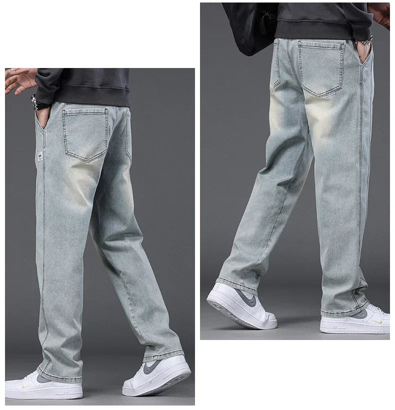 Autumn Winter Blue Jeans Men Drawstring Elastic Waist Cotton Cargo Denim Pants Work Fashion Thick Trousers Male Plus Size M-4XL