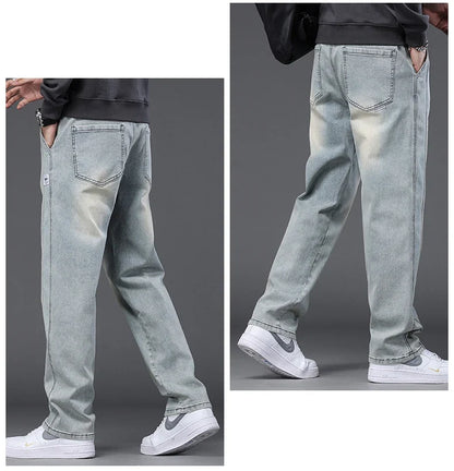 Autumn Winter Blue Jeans Men Drawstring Elastic Waist Cotton Cargo Denim Pants Work Fashion Thick Trousers Male Plus Size M-4XL