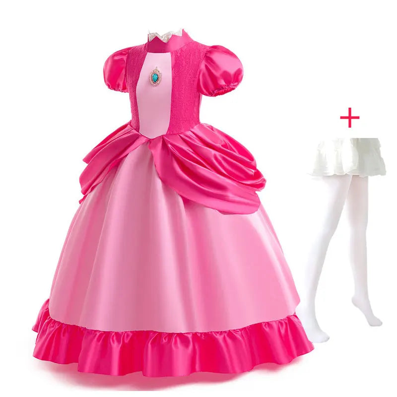 New 2026 Movie Inspired Lolita Princess Dress Super Plumber Bros's Friend Peach Costume Girls Pink Lace Frock Role Play Apparel