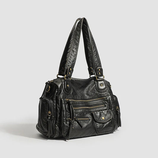 Y2K Hot Women's Punk Biker Tote Bag Large Capacity PU Leather Crossbody Purse with Multi Pockets for Work Commute Moto Style