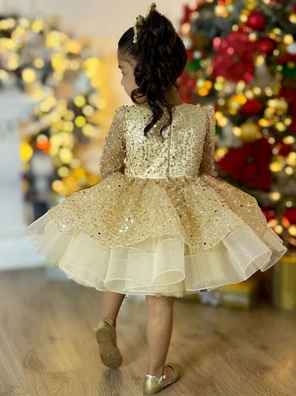 Customized Flower Girl Dresses White Tulle Puffy Tiered Sequin Long Sleeve For Wedding Birthday Party Banquet Princess Gowns