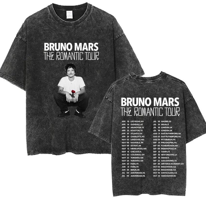 Bruno Mars The Romantic Tour 2026 Vintage Washed T Shirts Men's Women Punk Gothic Fashion Cotton Short Sleeve T-Shirt Streetwear