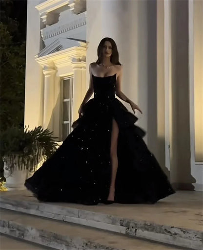 Black Tulle Prom Dresses Side Split A-line Strapless Wedding Dress Elegant Customized Sleeveless Vestidos De Fiesta 2026