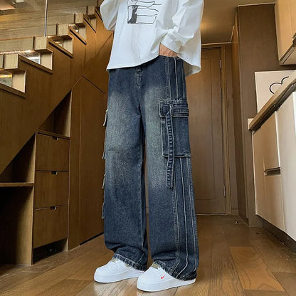 Autumn New Men's Loose Jeans Multi-pocket Work-wearing Jeans Street Hip-hop Straight Wide-leg Pants Baggy Dance Pants