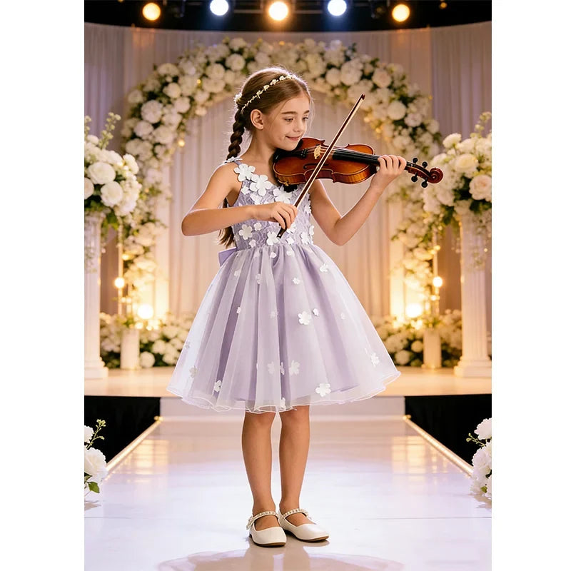 Snvdzo Princess Girls Lace Flower Girl Dress 3D Floral Sleeveless Tulle Princess Wedding Pageant Party Dresses 2026 with Big Bow