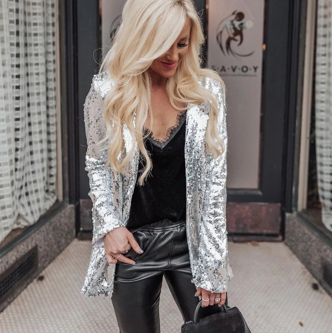 New Women's Trendy Sequined Jacket Long-sleeved Fashion Nightclub Cardigan High Street Casual Bar Performance Blazer