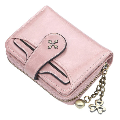Blocking Oil Wax Leather Women Mini Wallet Multi Card Clover Zipper Coin Purse Portable Ladies Purse Office Travel Daily