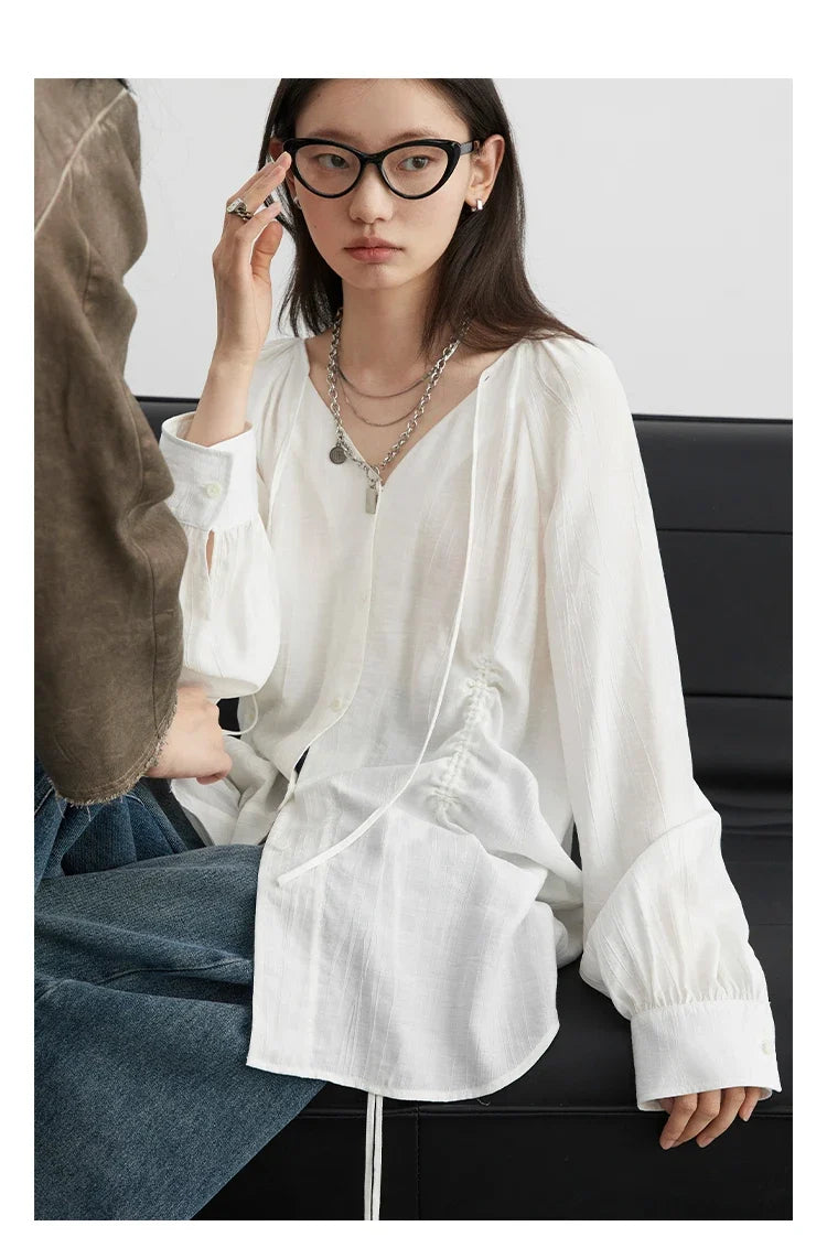 Women Loose Lace Up Shirt Solid New Korean V-neck Pleated Raglan Long Sleeved Blouses Female Tops Spring Summer 2026