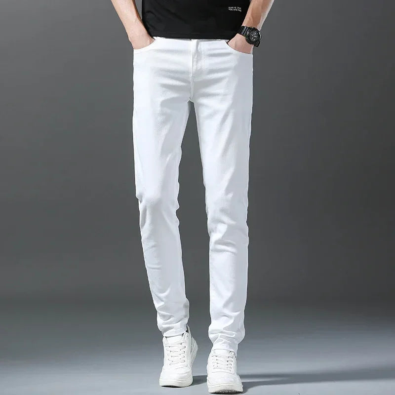 2026 Spring New Men Slim Jeans 98% Cotton White Stretch Straight Casual Fashion Pencil Pants High Quality Trousers Male Clothes