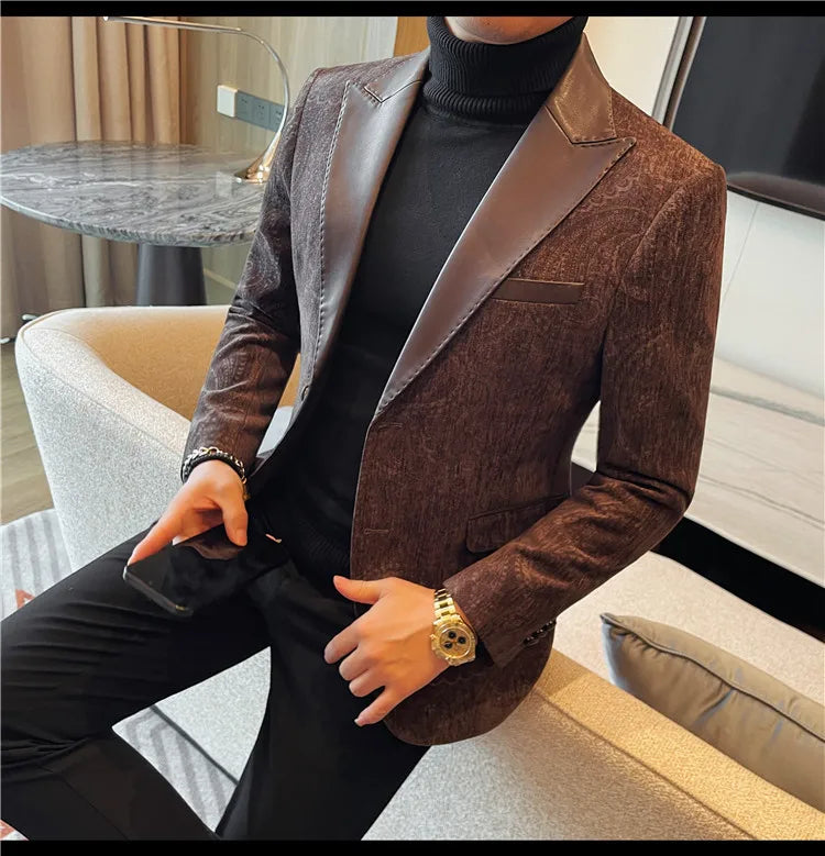 2025 Fashion Leather Neck Spliced Suit Jacket Luxury Men's Business Slim Fit Social Formal Blazers Coats Wedding Groom Tuxedos