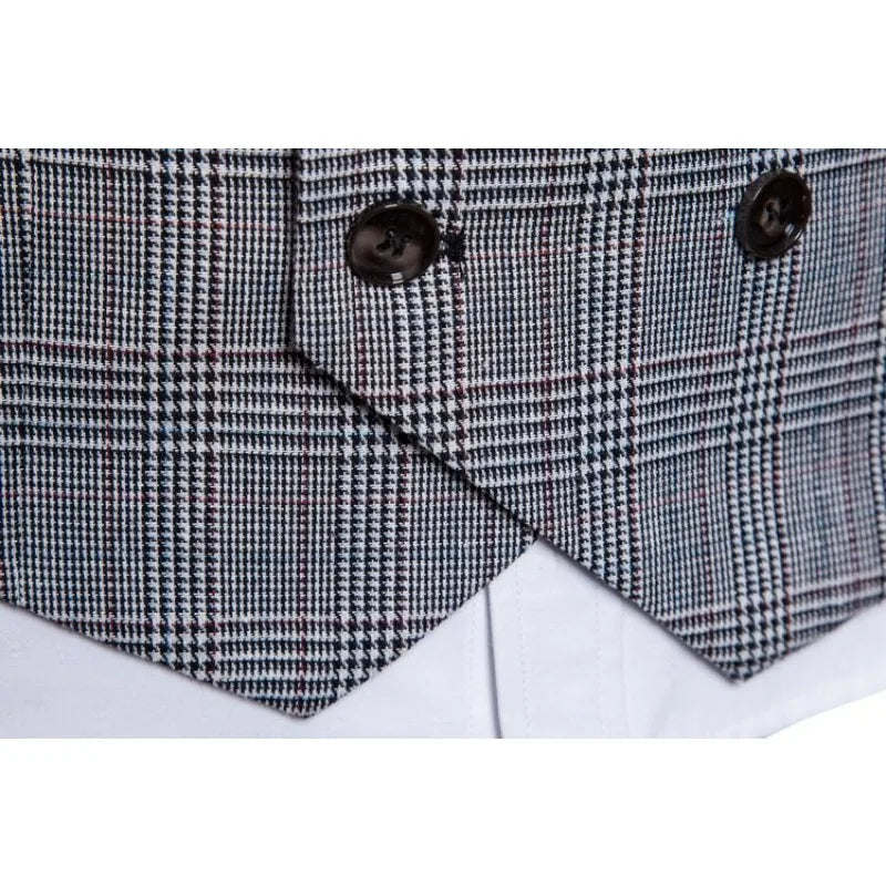 Men Vest Vintage Plaid Turn Down Collar Male Suit Vest Slim Double-breasted Sleeveless Business Casual Man Waistcoat