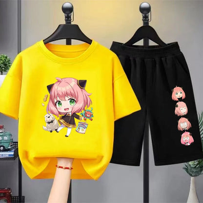 Anime Spy X Family Children T-Shirt+Bottom Wear Age 3-12 Girls Pink Set Black 2pcs Kids Set Print Summer Cool T-Shirt