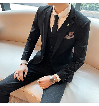 ( Blazer + Vest + Pants ) High-end Formal Casual Business Striped Fashion Men's 3 Piece Suit Groom Wedding Dress Suit