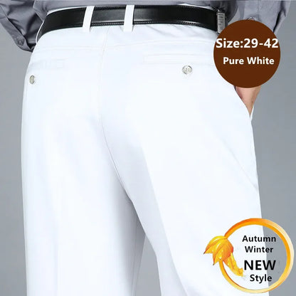 Suit Pants Men Formal Dress Trousers Autumn Elastic Office Plus Size 42 40 Business Thick Straight High Waist Male White Clothes