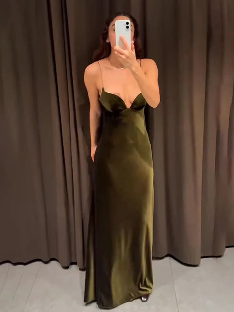 2025 Women Red V-Neck Holiday Style Satin Texture Long Dress Sleeveless Summer Women's Back Zipper Fashion Sling Dresses