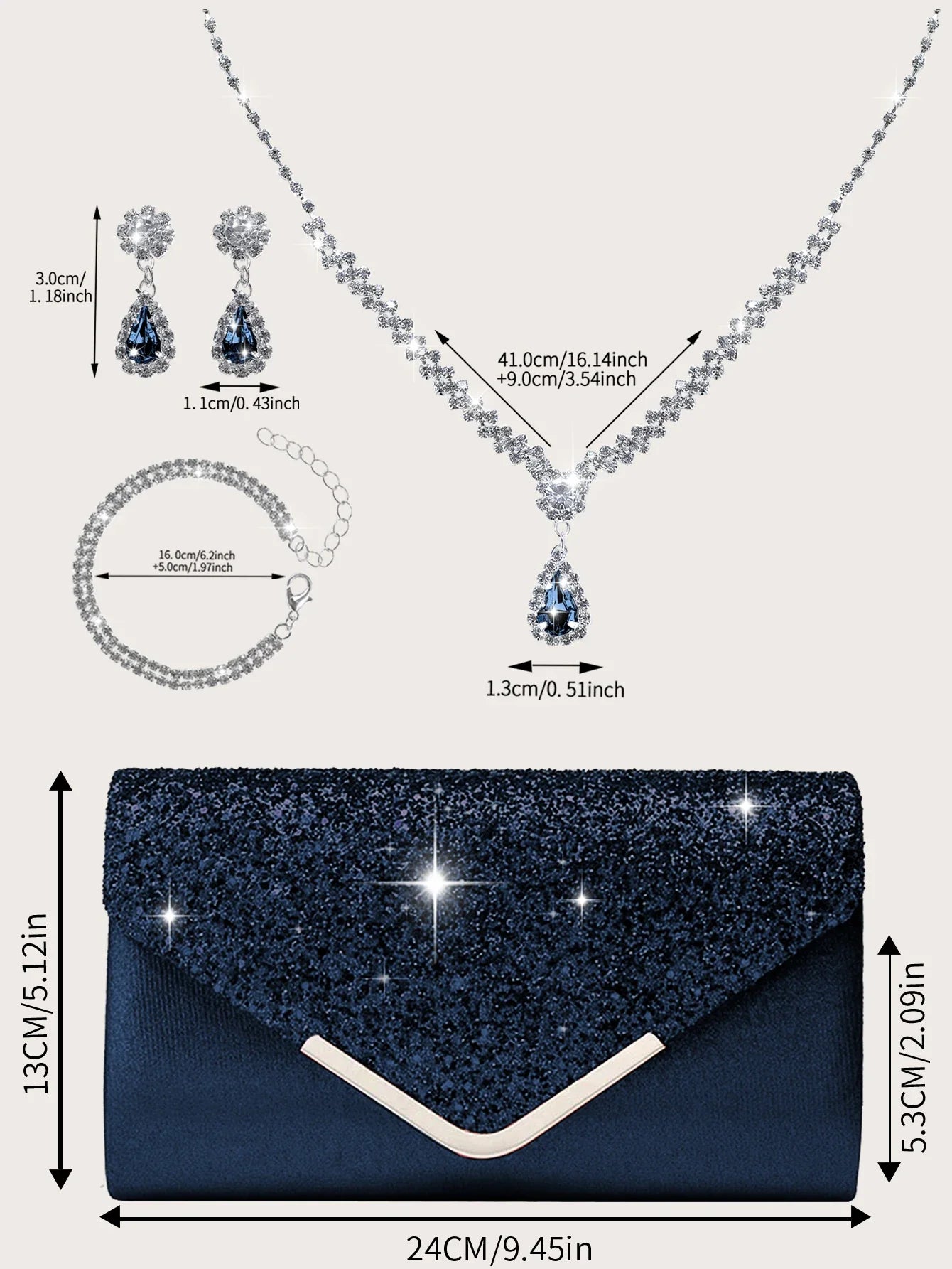 Gorgeous and elegant sparkly women's clutch bag, paired with a gorgeous rhinestone necklace, earrings and bracelet set of four.