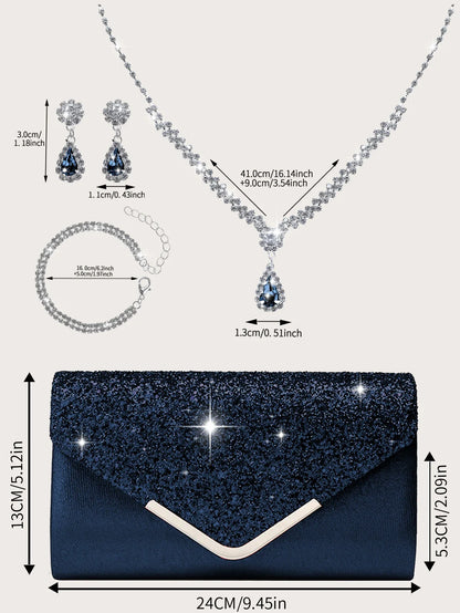Gorgeous and elegant sparkly women's clutch bag, paired with a gorgeous rhinestone necklace, earrings and bracelet set of four.