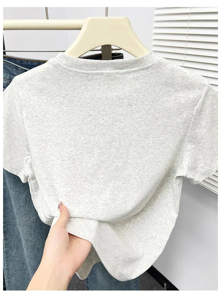 2026 Summer New High Quality Casual Plus Size T Shirt Sexy Short Sleeved Sleeves Fashion Trend Solid Women Clothing Y2k Tops