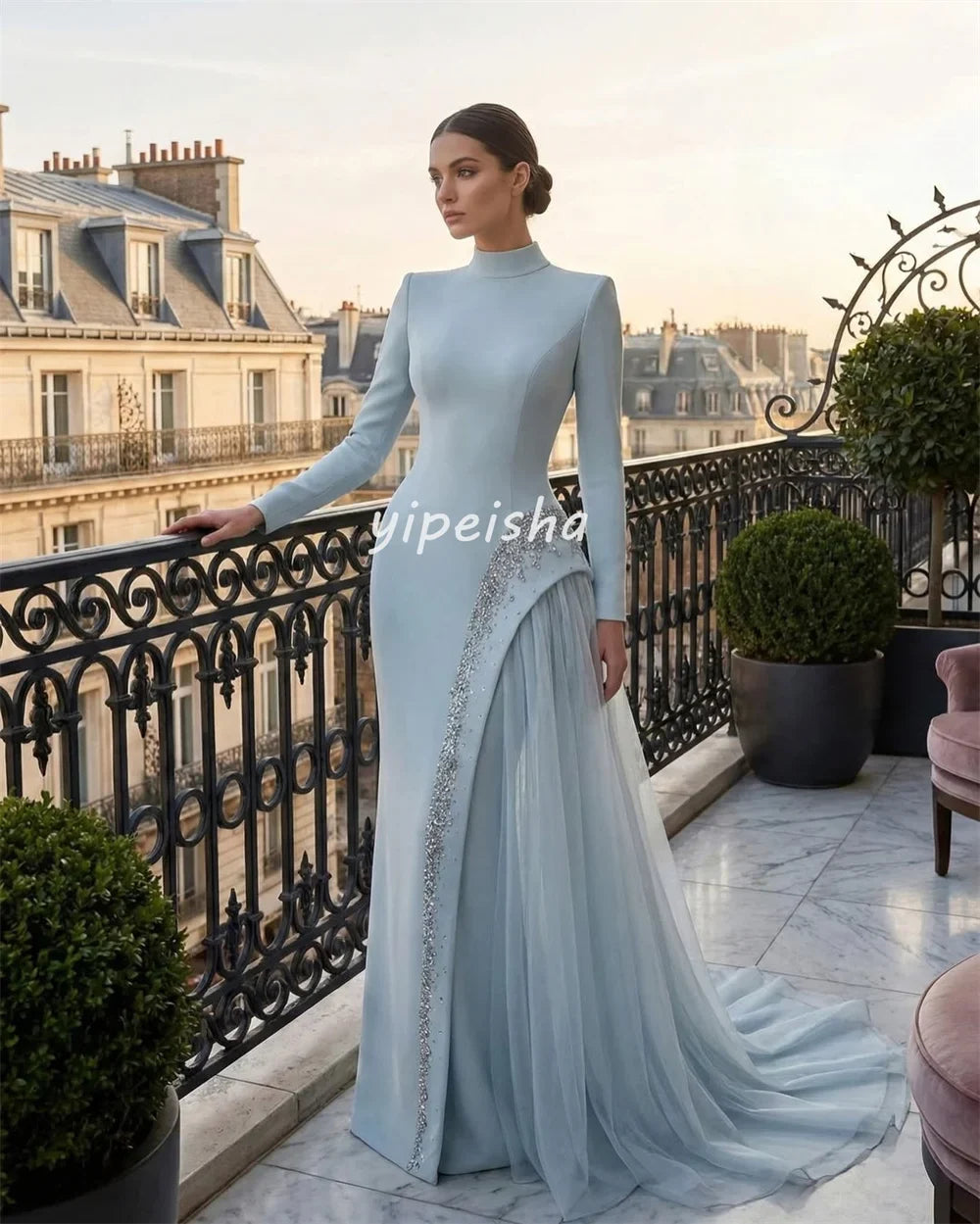 Customized Sparkle Intricate Jersey Pleat Tiered Rhinestone A-line High Collar Long Dresses Evening Dresses Classic High Quality