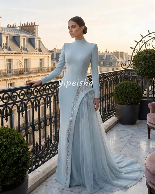 Customized Sparkle Intricate Jersey Pleat Tiered Rhinestone A-line High Collar Long Dresses Evening Dresses Classic High Quality
