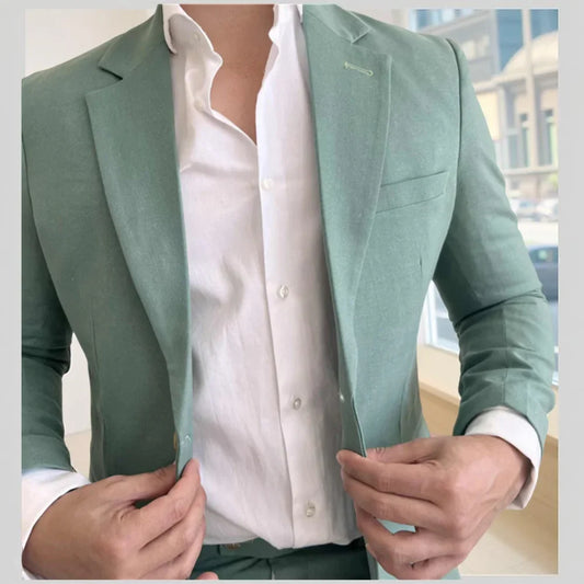 Sage Linen Men Suits for Wedding Summer Party 3 Pieces Notched Lapel Casual Style Groom Tuxedo Custom Made Slim fit Suit