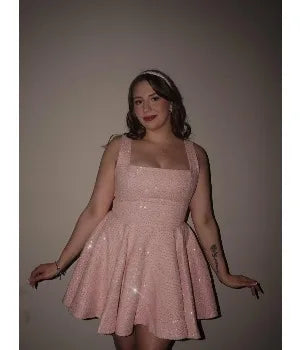Square Collar Sequin Back To School Dress Spaghetti Strap Cocktail Gown Bow, Backless Elegant Princess Birthday Party Dance Gown