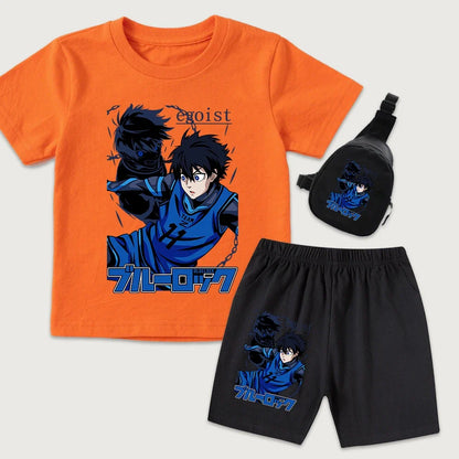 Blue Lock Yoichi Isagi Anime Print Kids Cotton T Shirt Shorts Mini Chest Bag 3Pcs Set Casual Summer Outfit for Boys Girls