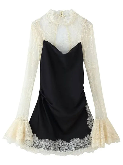 2026 Women Lace Patchwork Mini Dress Vintage Contrast Slim Long Sleeve Dresses Y2k Summer Fashion High Street Lady Chic Dress