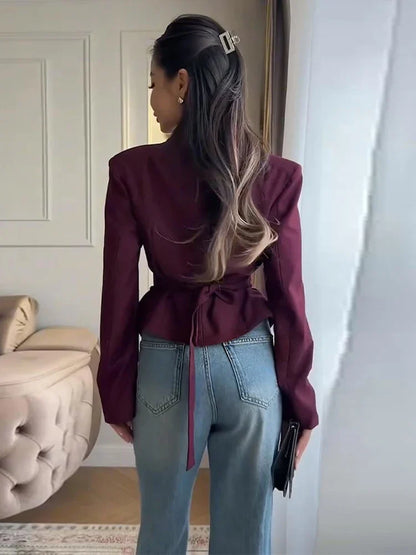 Chic Pleated Waist Cinched Women's Jacket V Neck Single Breasted Lace Up Blazer Coat Lady 2026 Casual Slim Commute Outerwear