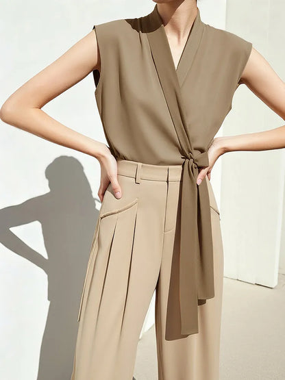 Elegant Women's Blouse 2026 Summer New V-Neck Sleeveless Chiffon Top Satin Spliced Office Flowy Shirt For Women 12642213