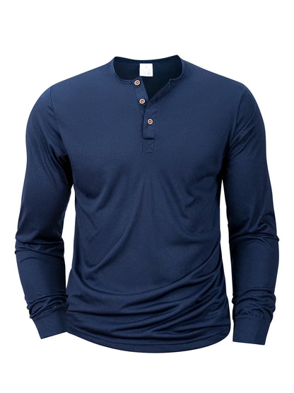 Men's Henery Neck Button Long Sleeve T Shirt Solid Color Spring Summer Breathable Tshirt Fashion Casual Slim Tops Classic Shirts