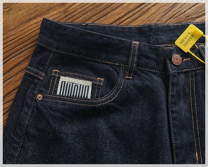 Anti-fading solid color general wash primary color denim jeans men's dark American casual loose straight cone pants