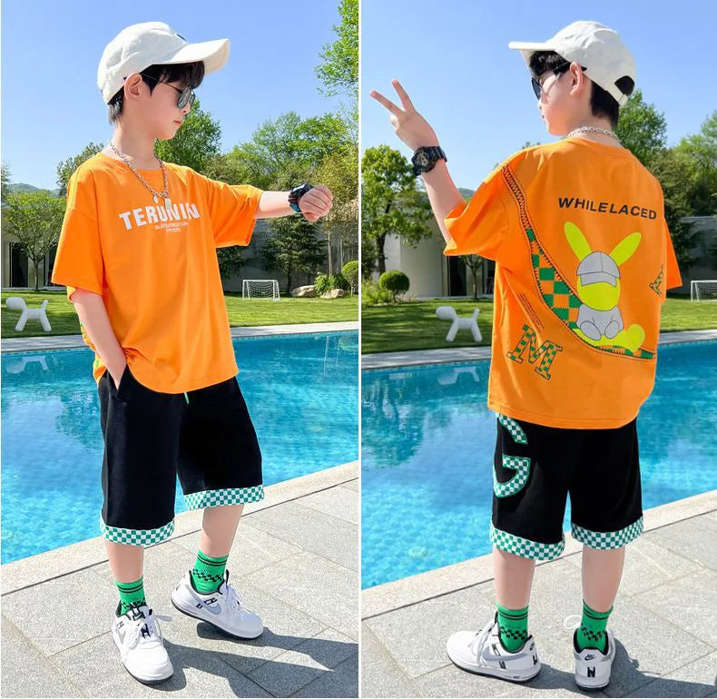 Summer Boys Cotton Alphabet Cartoon T-Shirt Tops+Patchwork Plaid Shorts Pant Set School Kids Tracksuit Child 2PCS Outfit 5-14Yr