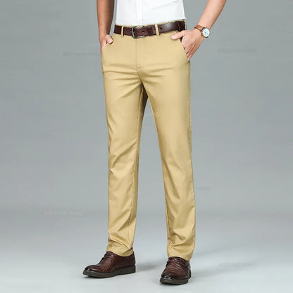 Bamboo Fiber Summer Casual Pants Men's Ultra-thin Iron-free Anti-wrinkle Loose Business Straight Elastic Trousers Brand Clothing