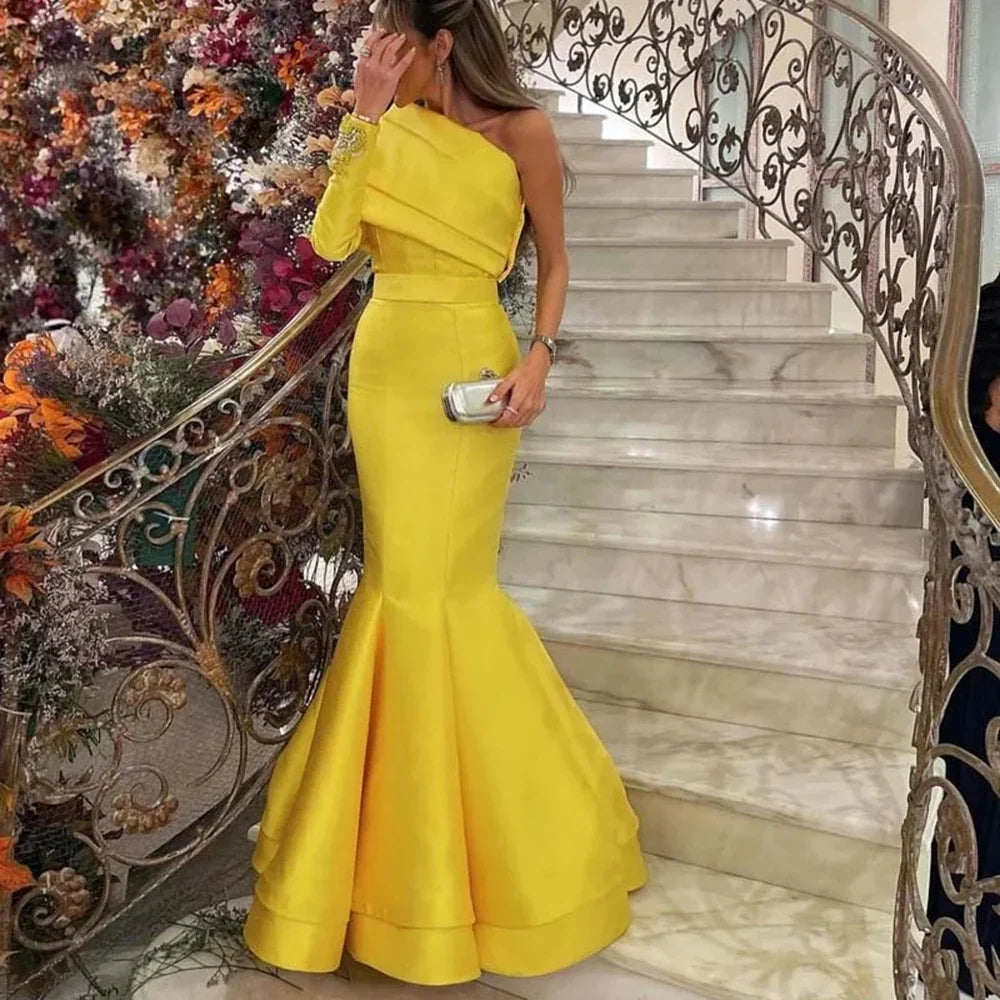 Customized Yipeisha Simple Elegant Mermaid Satin Evening Dresses 2024 Beading One-Shoulder Full Sleeves Ruffle Lace-up Party Dre