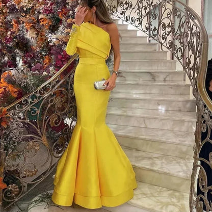Customized Yipeisha Simple Elegant Mermaid Satin Evening Dresses 2024 Beading One-Shoulder Full Sleeves Ruffle Lace-up Party Dre