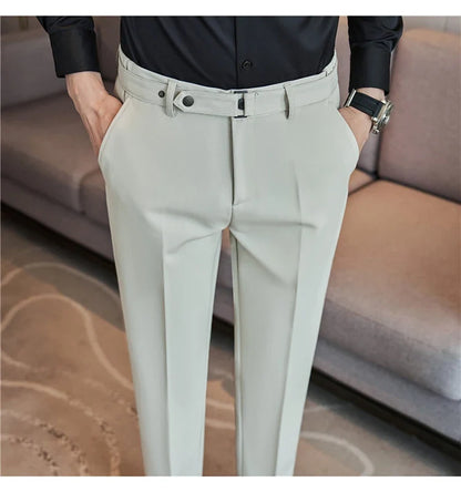 Fashion Belt Decoration Design Men's Suit Pants High Quality Business Slim Fit Casual Straight Formal Wedding Party Trousers