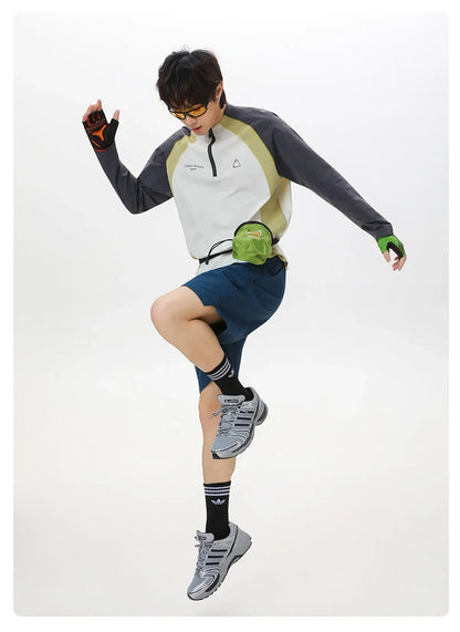 Men's Retro Colorblock Raglan Sleeve Long Sleeve T-Shirt – Loose Fit Half-Zip Athletic Top with Moisture-Wicking Fabric