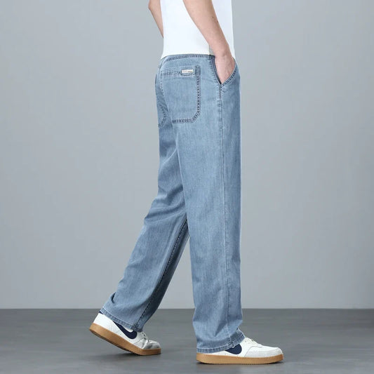 High Quality Spring Summer Lyocell Men's Jeans Loose Straight Wide Leg Casual With Slant Pockets Trousers Male  Plus Size 40