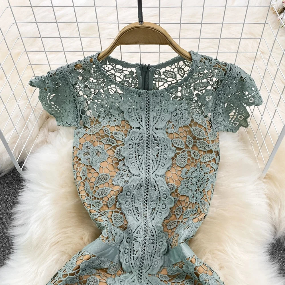 Retro Court Sle round Ne Fly Sve Slimming Soluble Hook Flower Hollow A-Line Dr Summer New Arrival Women's Faion