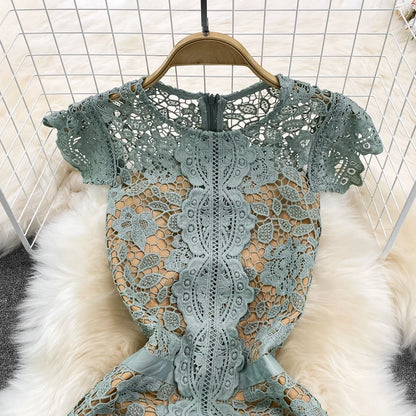 Retro Court Sle round Ne Fly Sve Slimming Soluble Hook Flower Hollow A-Line Dr Summer New Arrival Women's Faion