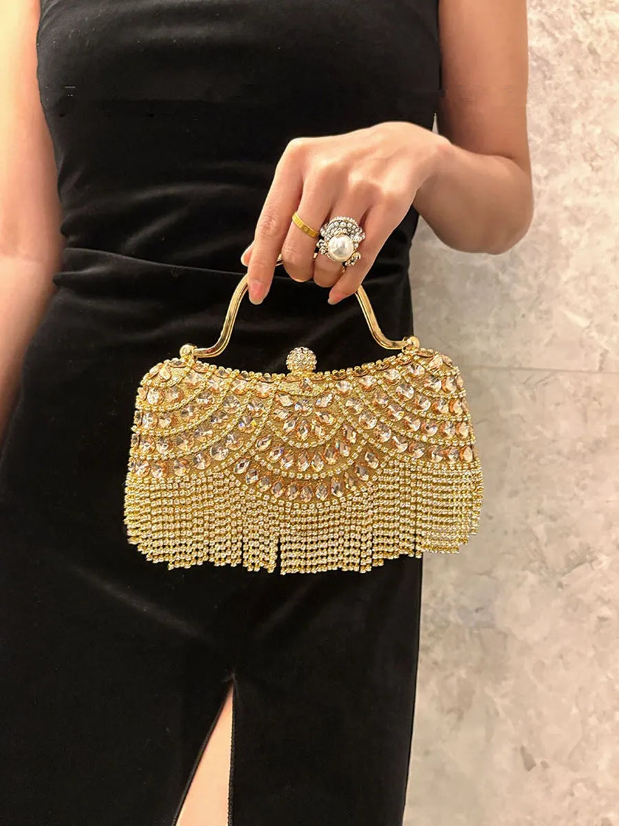 Diamond Evening Clutch Bag Golden Tassel Handbag Boutique Novelty Metallic Rhinestone Purses And Handbags Bridal Wedding Party