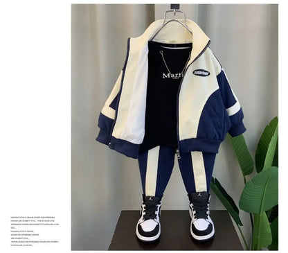 Children's Cotton Clothing Set Spring Autumn New Boys Girls Thick Casual Zipper Jackets and Pants 2-piece Set Korean Sportswear