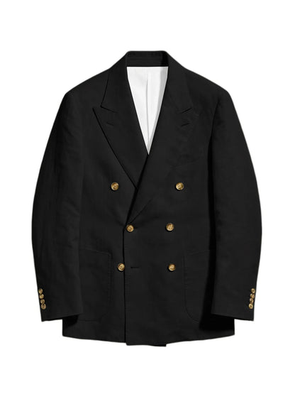 Men's Linen Double Breasted Blazer Peak Lapel Casual Business Suit Jacket With Patch Pockets For Daily Office Wear