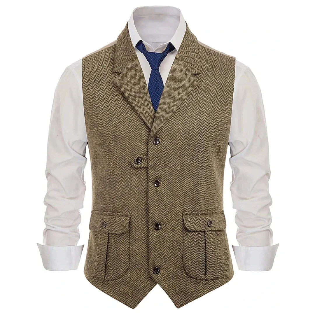 Men Vest Khaki Herringbone Single Button With Lapel Waistcoats For Wedding Banquet Business Office Work Daily Men Suit Vest