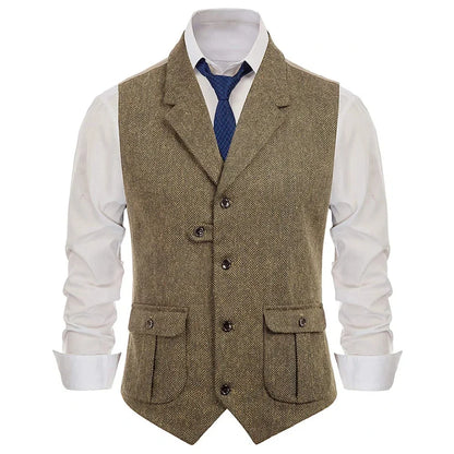 Men Vest Khaki Herringbone Single Button With Lapel Waistcoats For Wedding Banquet Business Office Work Daily Men Suit Vest